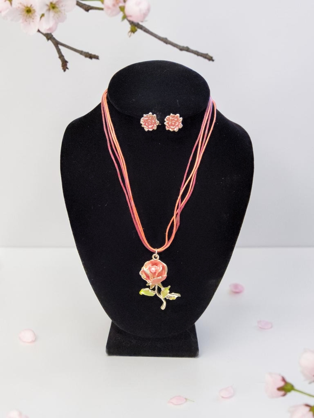 10 / $10 Floral Rose Pendant Necklace and Stud Earrings Set - Pink